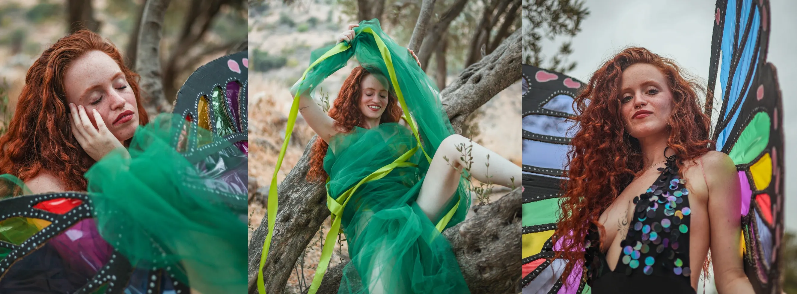 אישה עטופה בבד טול ירוק נשענת על עץ